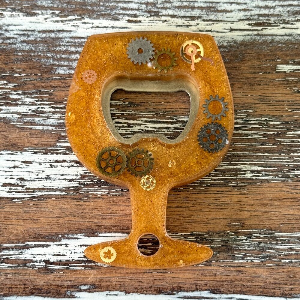 Golden Steampunk Gears Wine Glass Resin Bottle Opener with Fridge Magnet Bar